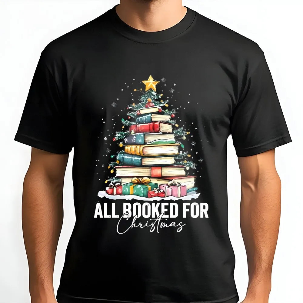 Book Stack Tree Graphic Tee, All Booked for Christmas Shirt, Holiday Bookish T-Shirt, Librarian Christmas Tee, Book Lover Hol