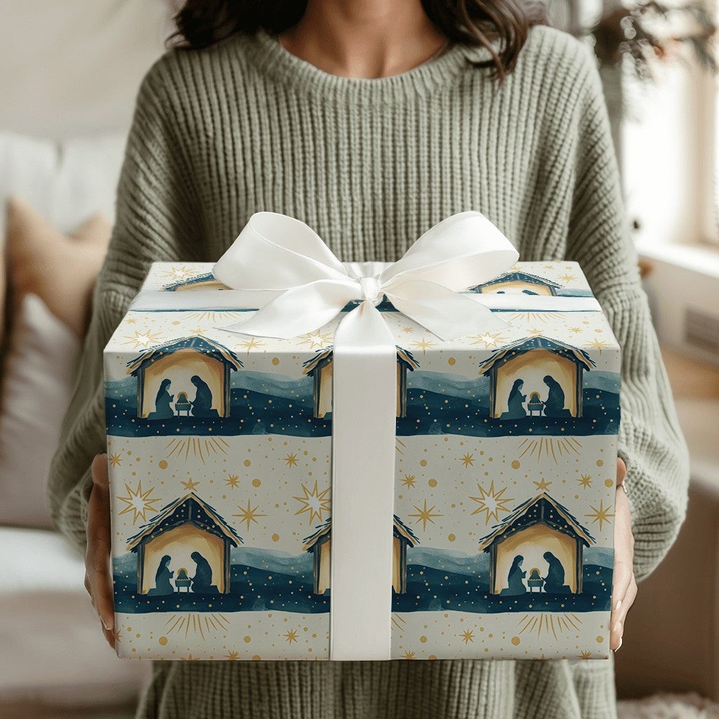 Holy Family Manger Gift Wrap, Nativity Scene Christmas Wrapping Paper, Starry Night Religious Holiday Wrapping Paper, Christi