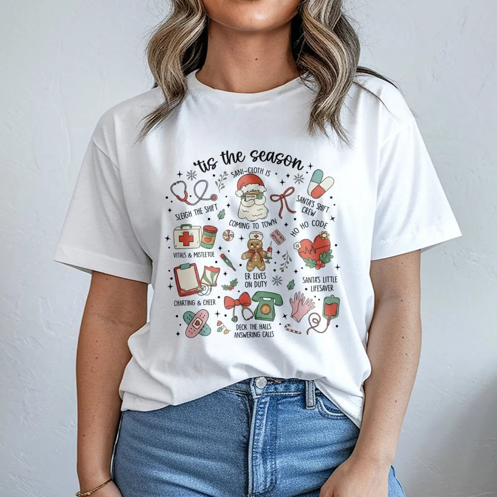 Medical Holiday Icons Graphic Tee, Nurse Christmas T-Shirt, Adorable Healthcare Worker Shirt, RN Christmas Tree Tee, Hospital