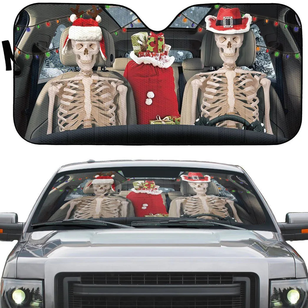 Holiday Windshield Sun Shade, Christmas Skeleton Couple Car Sunshade, Winter Gothic Auto Sunshade, Festive Sun Shade, Car Lov