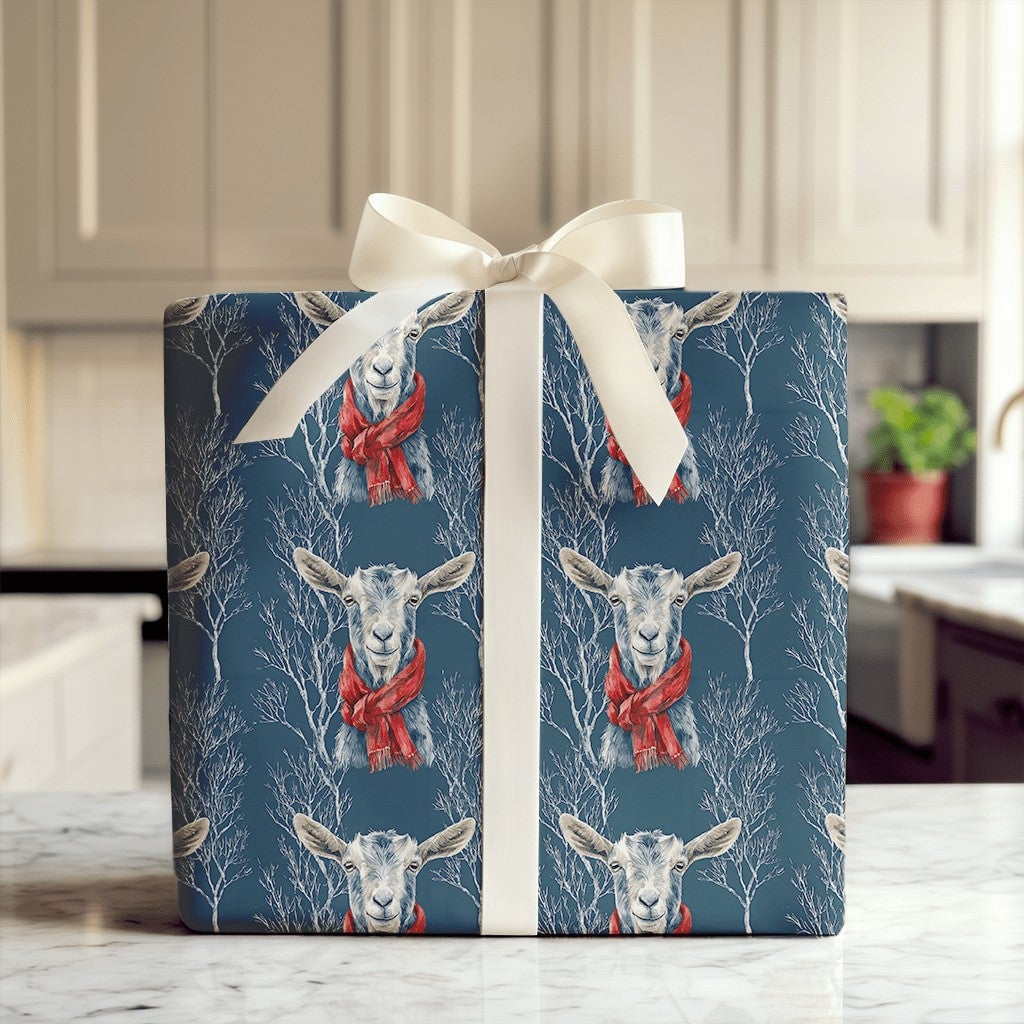 Navy Blue Red Scarf Holiday Gift Wrap, Winter Goat Christmas Wrapping Paper, Farm Animal Christmas Wrapping Paper, Festive Wi