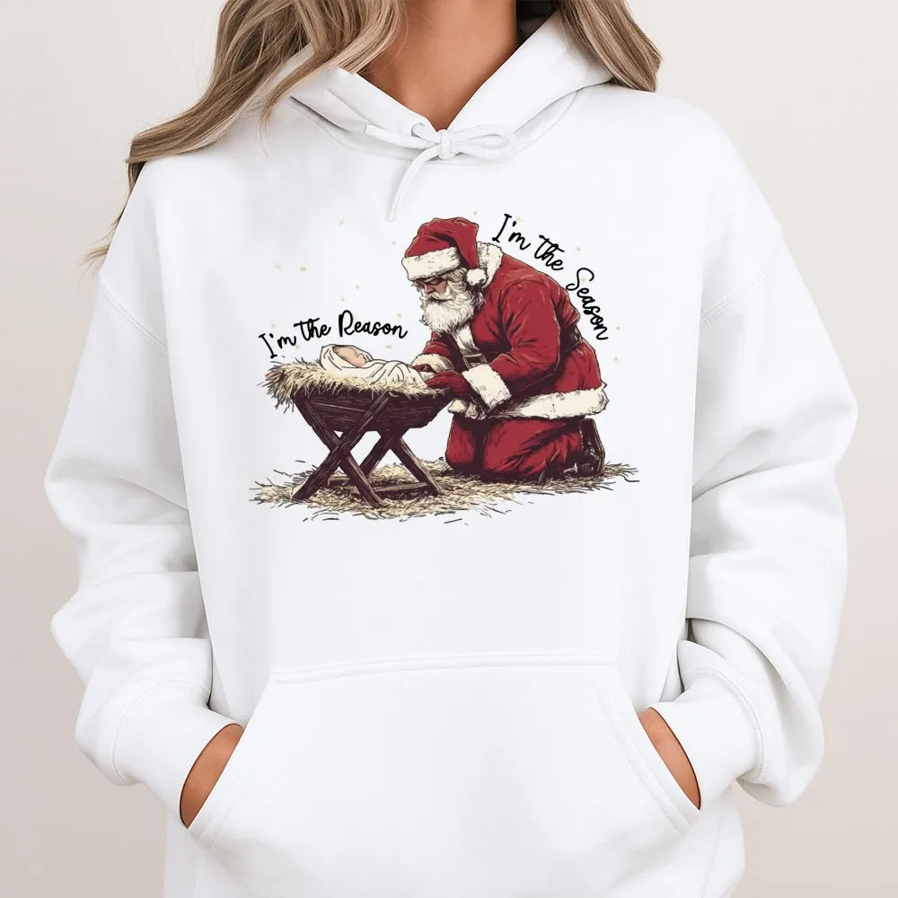 Santa Kneeling Nativity Sweatshirt, Jesus Is the Reason Christmas Hoodie, Christian Holiday Graphic Pullover, Faith Religious