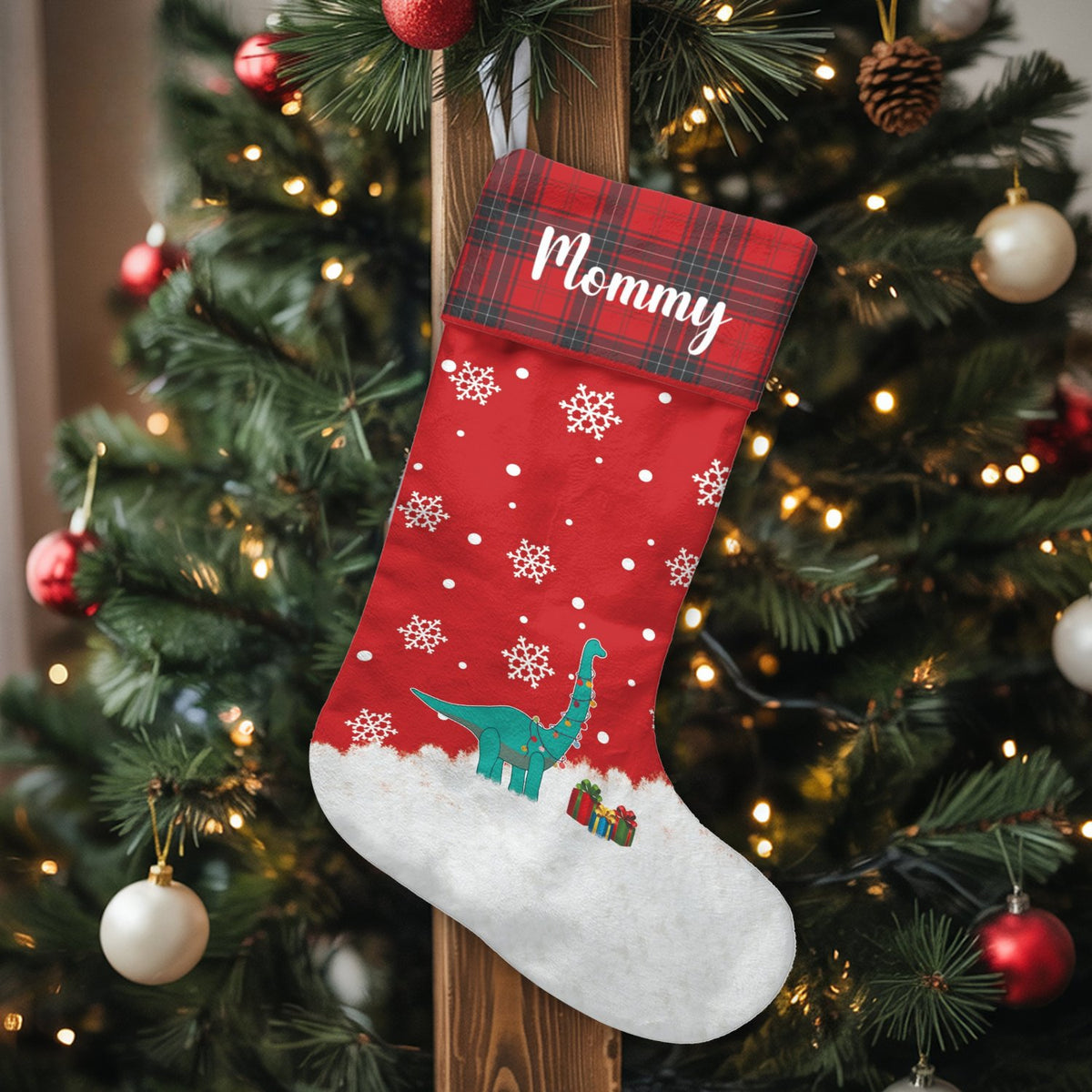 Dino Holiday Lights Stocking, Personalized Dinosaur Christmas Stocking, Adorable Dino Xmas Stocking, Custom Name Kids Holiday