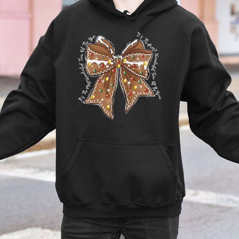 Coquette Gingerbread Hoodie, Gingerbread Bow Christmas Hoodie, Adorable Holiday Aesthetic Sweatshirt, Pastel Xmas Pullover, C