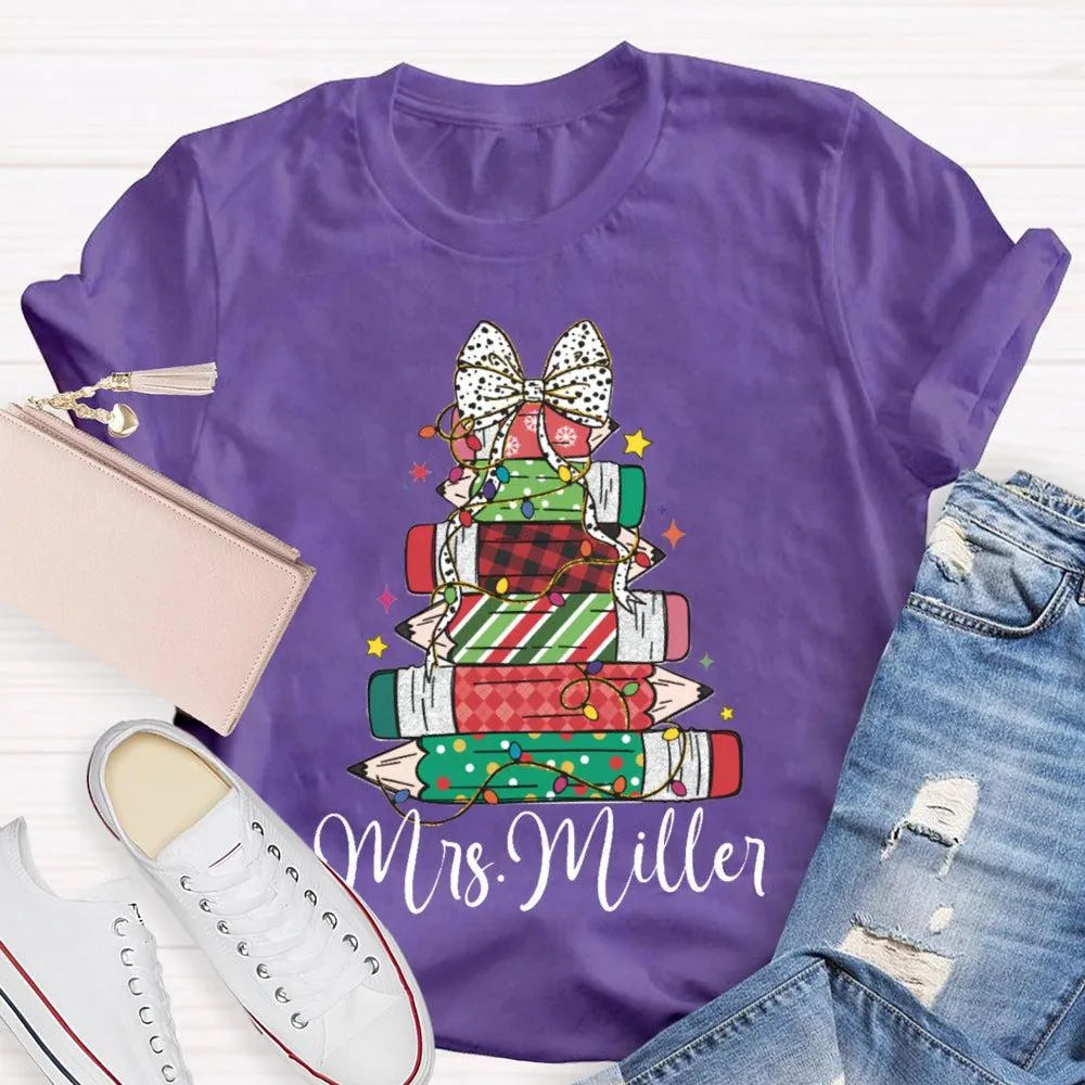 Colorful Crayons Bows Holiday Shirt, Personalized Christmas T-Shirt, Custom Name Kids Xmas Graphic Tee, Festive School Party 
