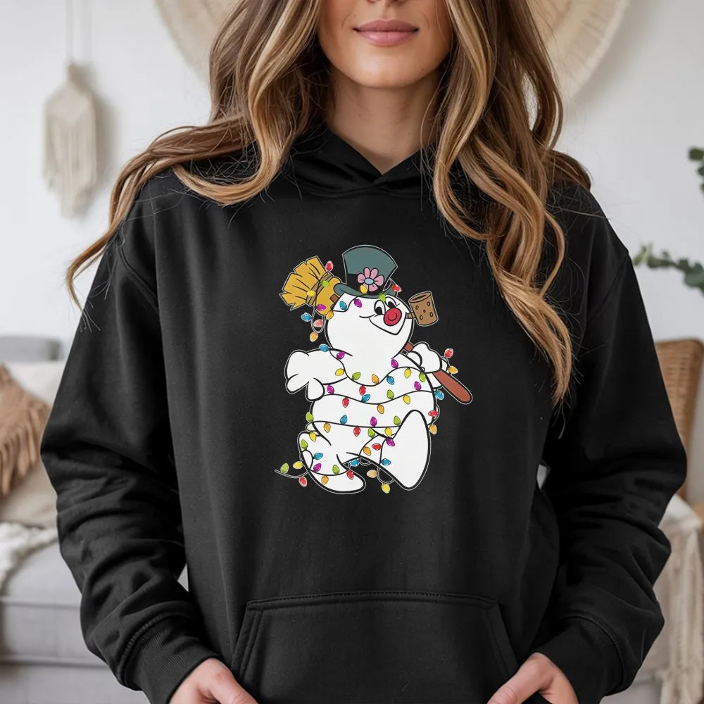 Festive Light Up Winter Snowman Hoodie, Christmas Snowman Hoodie, Retro Holiday Party Graphic Sweatshirt, Comfy Adorable Xmas