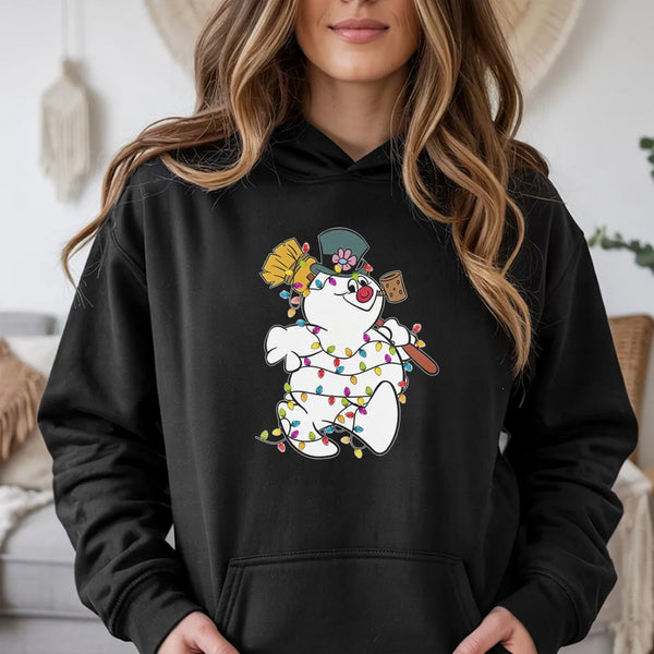 Festive Light Up Winter Snowman Hoodie, Christmas Snowman Hoodie, Retro Holiday Party Graphic Sweatshirt, Comfy Adorable Xmas