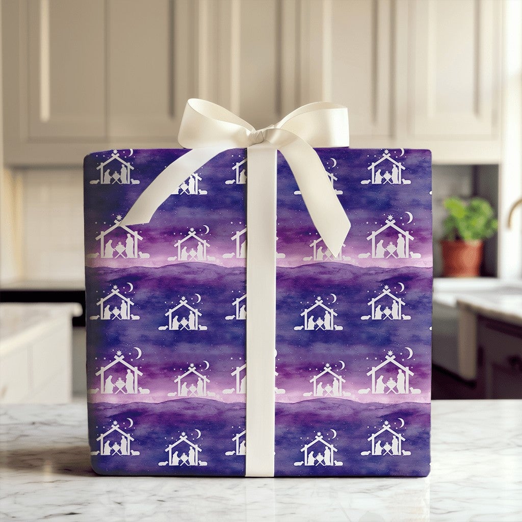 Christian Christmas Gift Wrap, Nativity Scene Wrapping Paper, Purple Starry Night Holiday Paper, Religious Holy Family Gift W