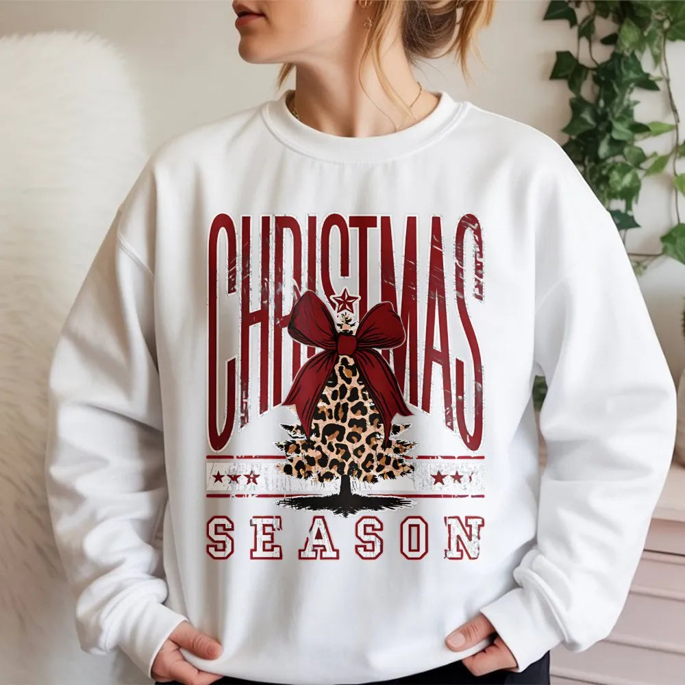 Coquette Bow Christmas Sweatshirt, Leopard Print Tree Sweatshirt, Trendy Holiday Tree Sweater, Adorable Winter Crewneck Sweat