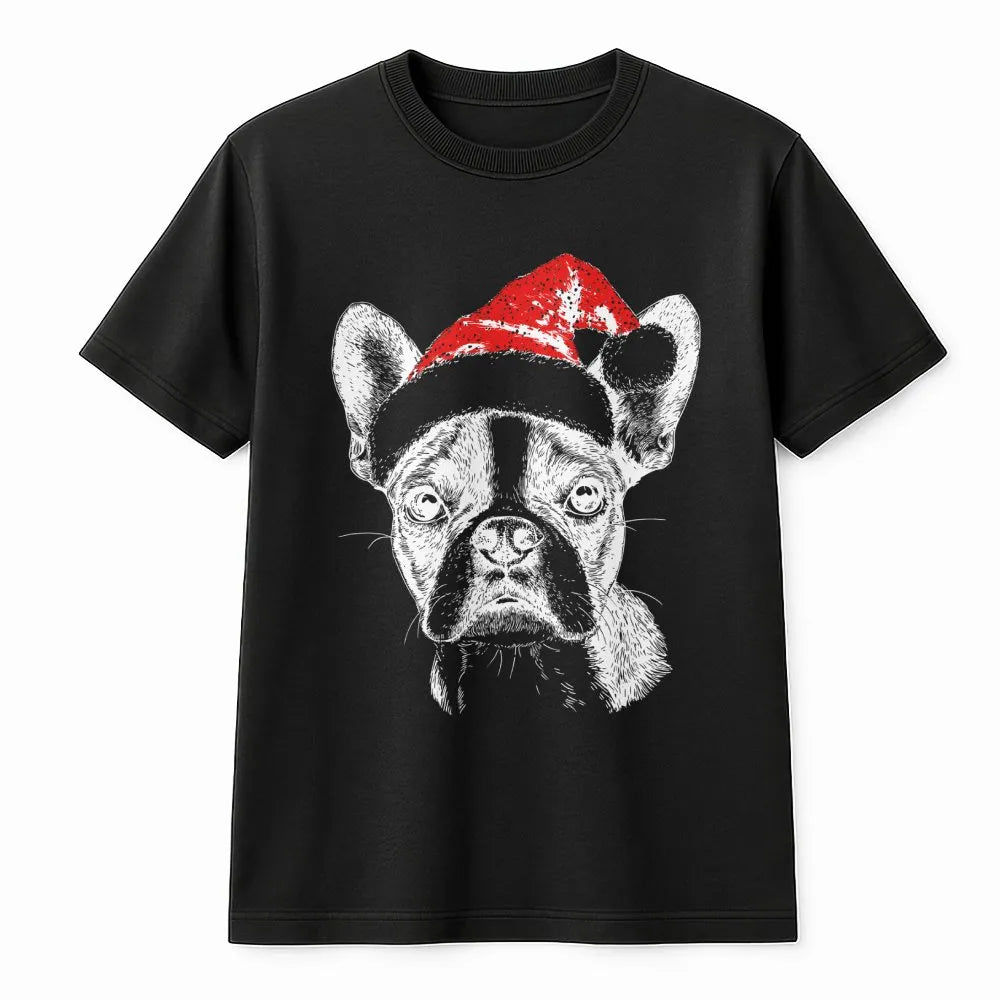 Santa Hat Frenchie Shirt, Boston Terrier Christmas T-Shirt, Adorable Holiday Dog Graphic Tee, Festive Puppy T-Shirt, Xmas Pre