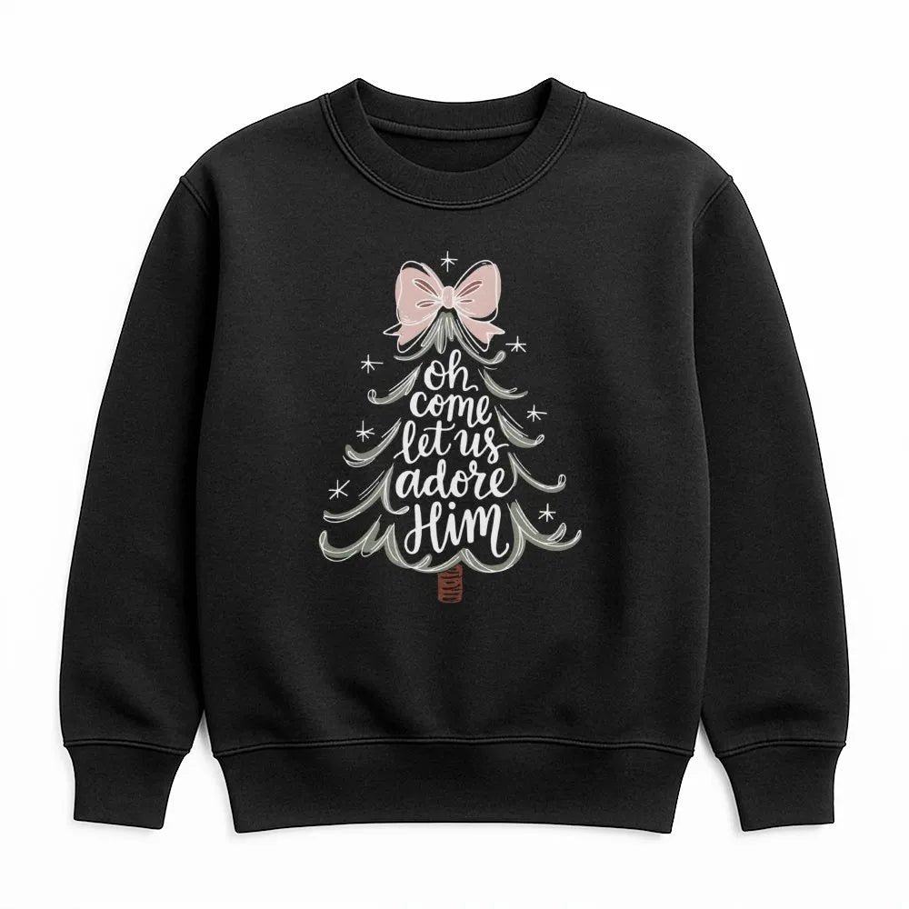 Christian Christmas Sweatshirt, Oh Come Let Us Adore Him Sweatshirt, Religious Christmas Tree Crewneck, Faith Christmas Sweat