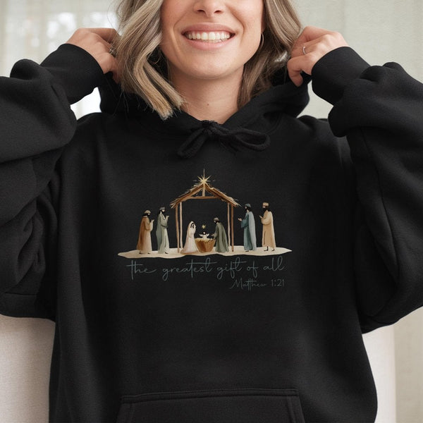 The Greatest Present of All Sweatshirt, Nativity Scene Hoodie, Christian Christmas Pullover, Religious Faith Hooded Sweater, 
