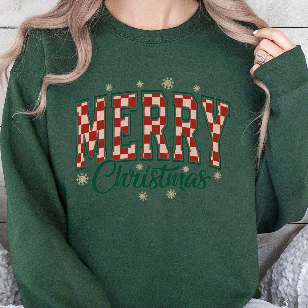Retro Varsity Holiday Sweatshirt, Red Checkerboard Merry Christmas Sweatshirt, Adorable Xmas Graphic Sweatshirt, Holiday Crew