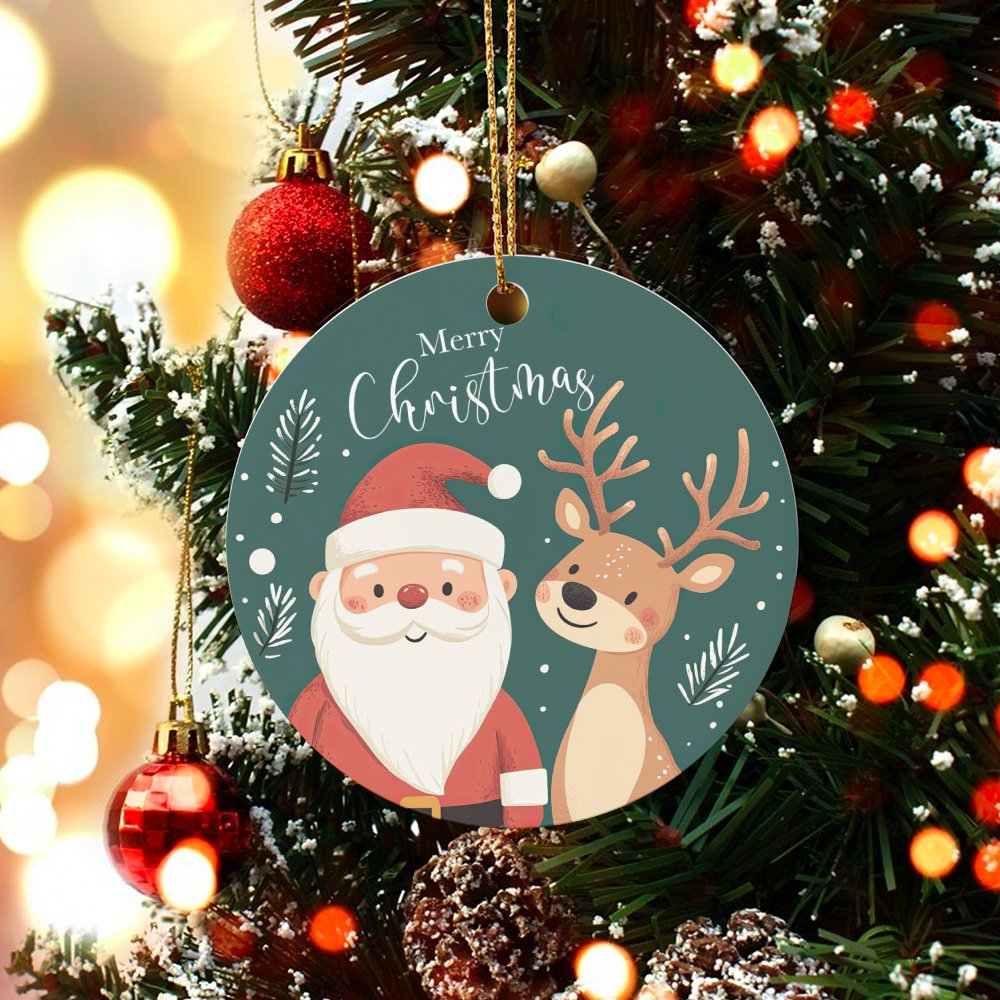 Ceramic Holiday Tree Ornament, Merry Christmas Santa and Reindeer Ornament, Festive Christmas Keepsake Ornament, Family Xmas 