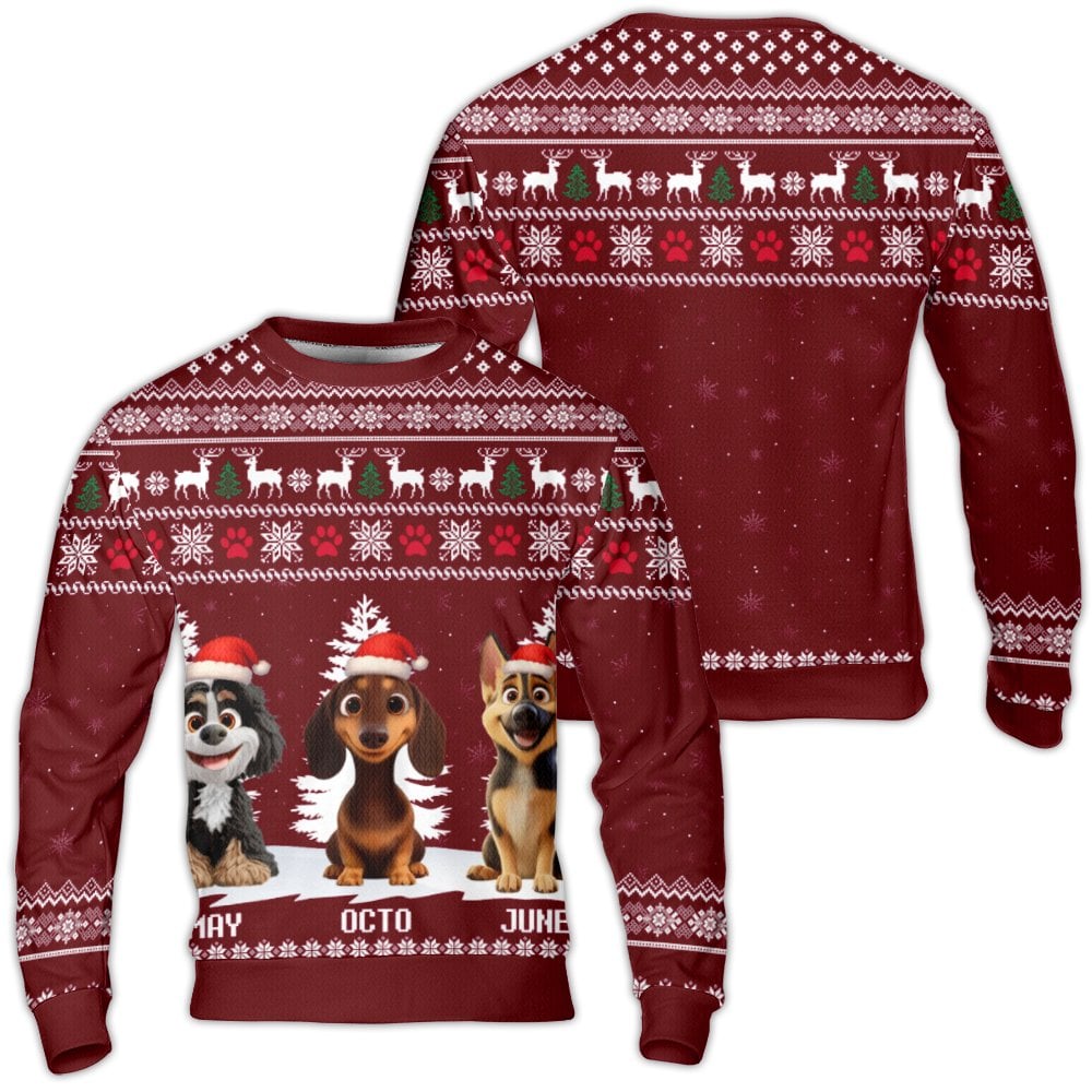 Cartoon Dog Christmas Sweater, Three Puppies Santa Hat Ugly Sweater, Adorable Puppy Holiday Sweatshirt, Dog Lover Xmas Pullov