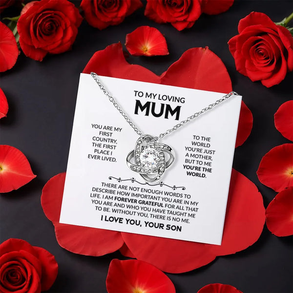 Mum Love Knot Necklace, Love Knot Necklace for Mum from Son, CZ Crystal Knot Necklace with Message Card, Christmas Jewelry Pr