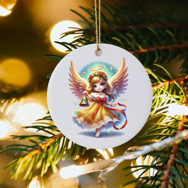 Floral Halo Bell Ceramic Ornament, Adorable Angel Christmas Ornament, Festive Holiday Angel Ornament, Angelic Tree Hanging De