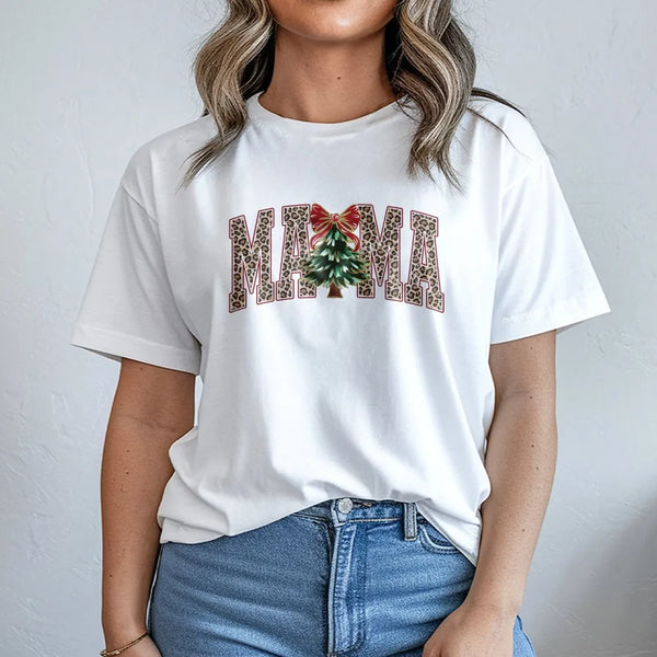Adorable Holiday Season Graphic Tee, Mama Christmas Tree Leopard Print T-Shirt, Buffalo Plaid Mom Shirt, Festive Xmas Family 