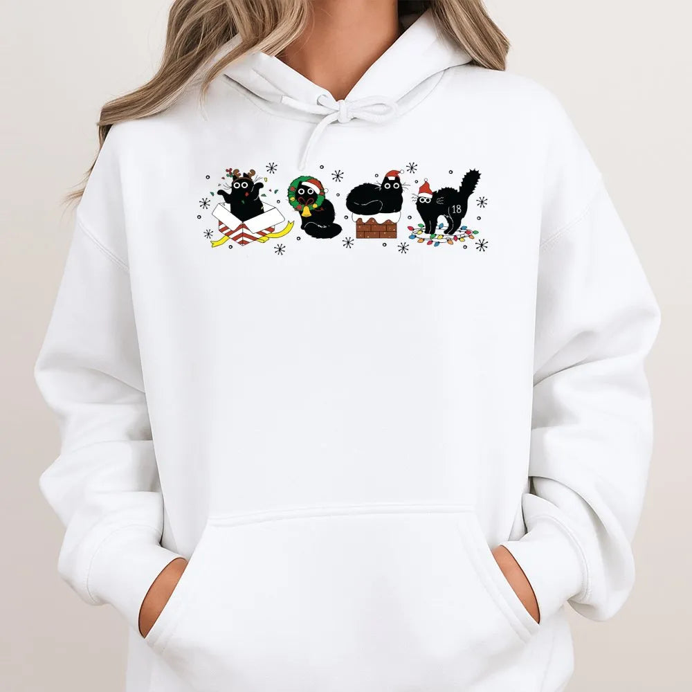 Festive Kitten Graphic Hoodie, Christmas Black Cat Hoodie, Humorous Cat Lover Holiday Hoodie, Adorable Animal Winter Pullover