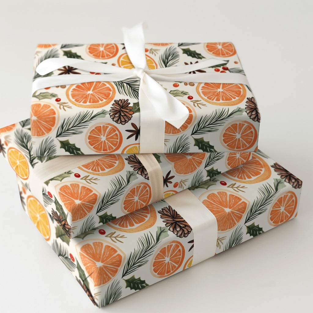 Pinecone Rustic Gift Wrap, Dried Orange Christmas Wrapping Paper, Botanical Winter Holiday Wrapping Paper, Comfy Season Gift 