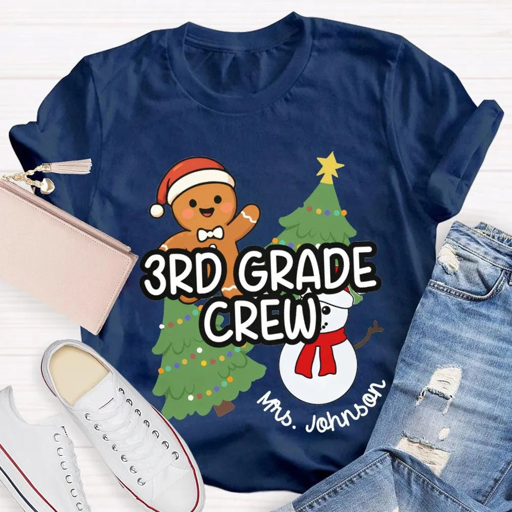 Snowman Tree Custom Holiday Shirt, Personalized Third Grade Crew Christmas T-Shirt, 3rd Grade Teacher Tee, Custom School Chri
