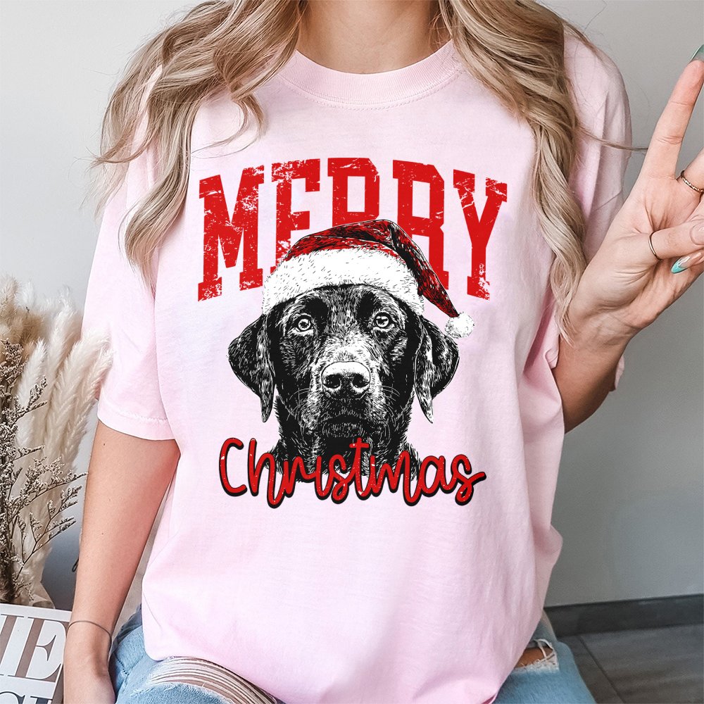Santa Hat Dog Christmas Shirt, Black Labrador Christmas T-Shirt, Black Lab Holiday Graphic Tee, Dog Lover Christmas T-Shirt, 