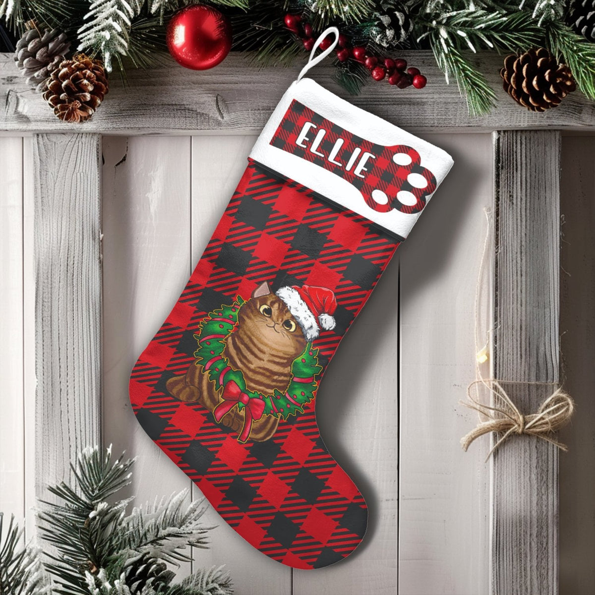 Red Buffalo Plaid Cat Stocking, Personalized Cat Christmas Stocking, Custom Pet Name Holiday Stocking, Comfy Fireplace Decor,