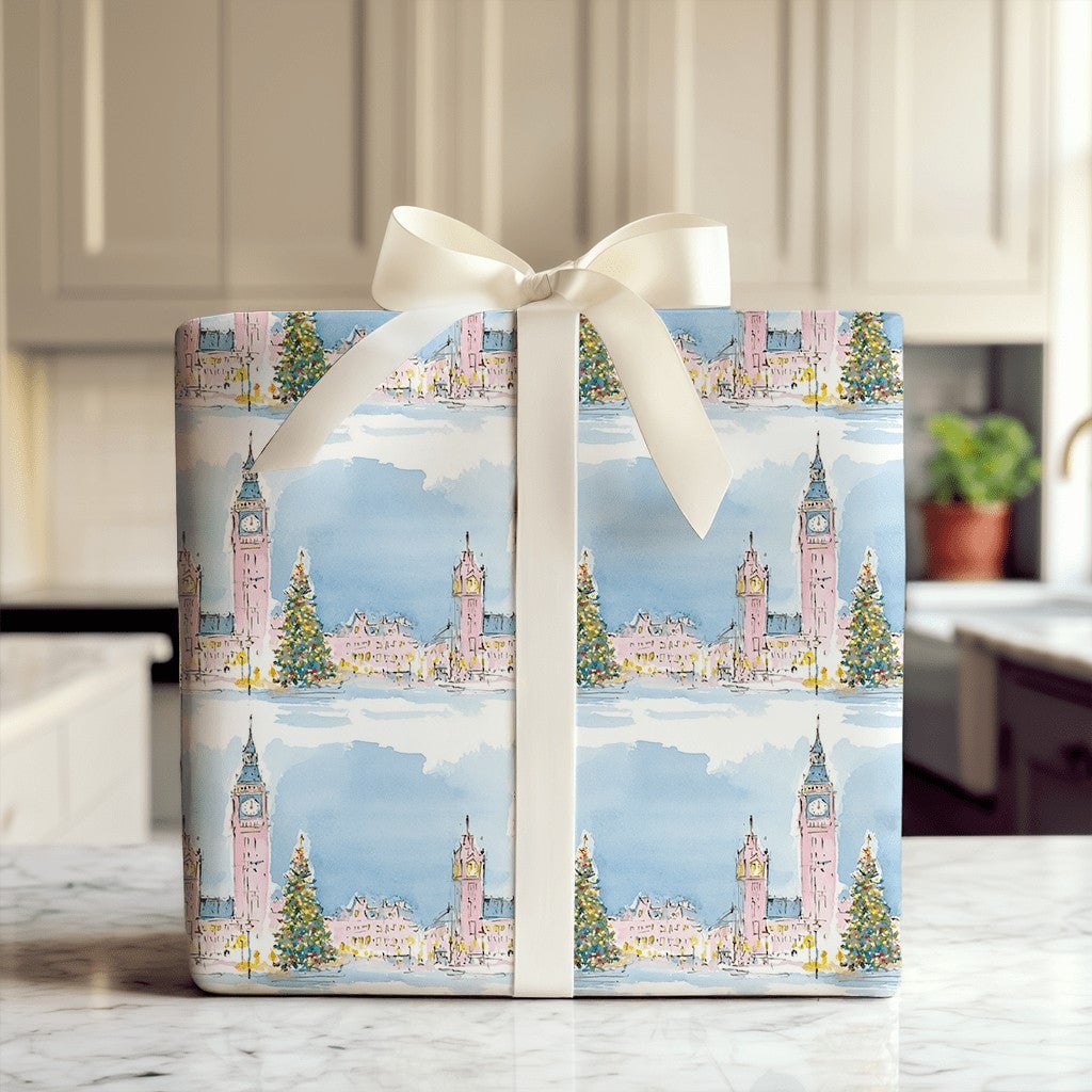 Watercolor Winter Cityscape Gift Wrap, London Big Ben Christmas Wrapping Paper, Festive London Holiday Wrapping Paper, Travel