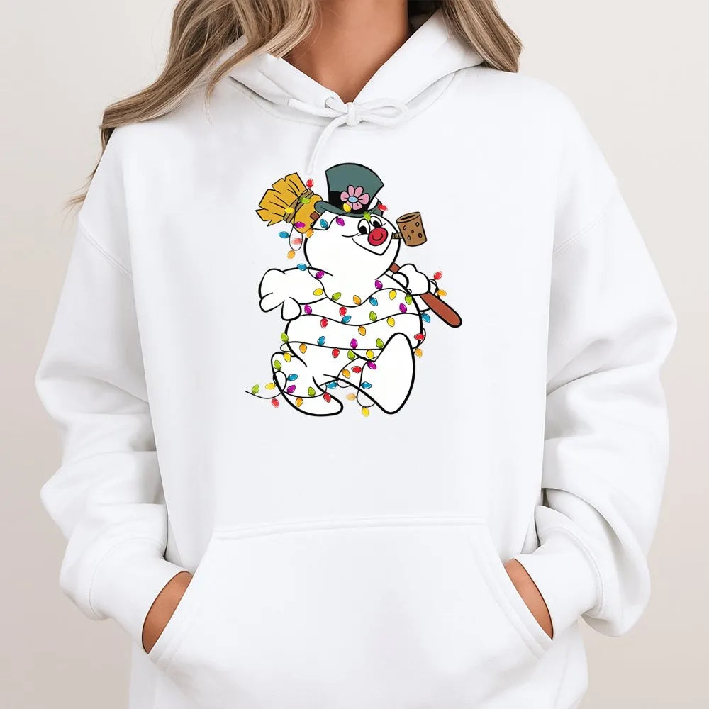 Festive Light Up Winter Snowman Hoodie, Christmas Snowman Hoodie, Retro Holiday Party Graphic Sweatshirt, Comfy Adorable Xmas