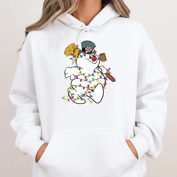 Festive Light Up Winter Snowman Hoodie, Christmas Snowman Hoodie, Retro Holiday Party Graphic Sweatshirt, Comfy Adorable Xmas
