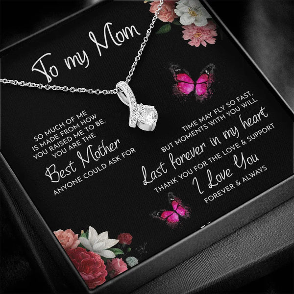 Sparkly Cubic Zirconia Ribbon Pendant Necklace, To My Mom Ribbon Necklace, 14k White Gold Finish Necklace, Mother Birthday Ch