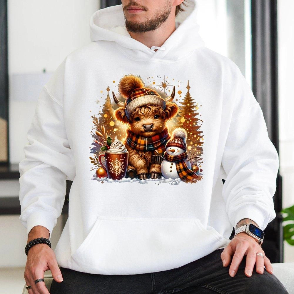 Snowman Hot Cocoa Sweatshirt, Highland Cow Christmas Hoodie, Adorable Winter Cow Graphic Hoodie, Comfy Farmhouse Pullover, An