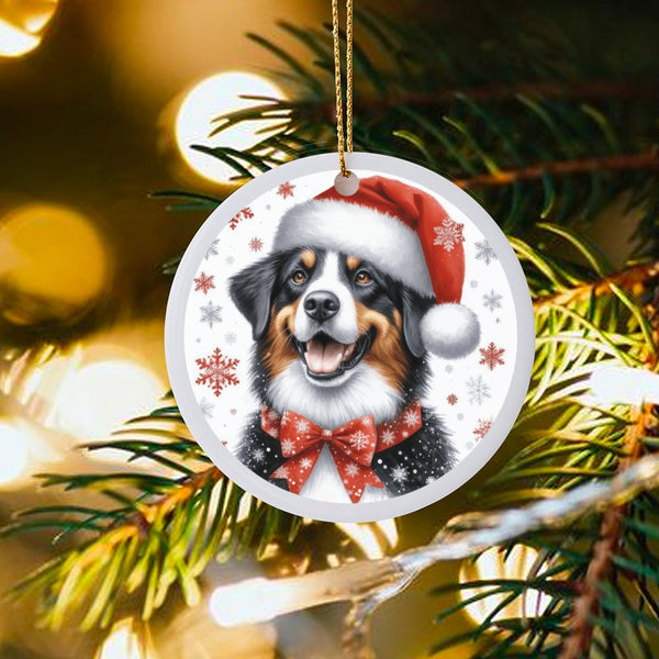 Aussie Santa Hat Dog Ornament, Australian Shepherd Christmas Ornament, Puppy Ceramic Holiday Tree Ornament, Adorable Dog Love