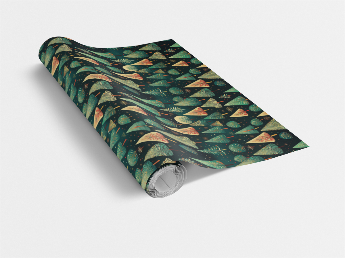 Winter Pine Forest Gift Wrap Roll, Geometric Christmas Wrapping Paper, Modern Evergreen Holiday Gift Wrap, Teal Gold Festive 