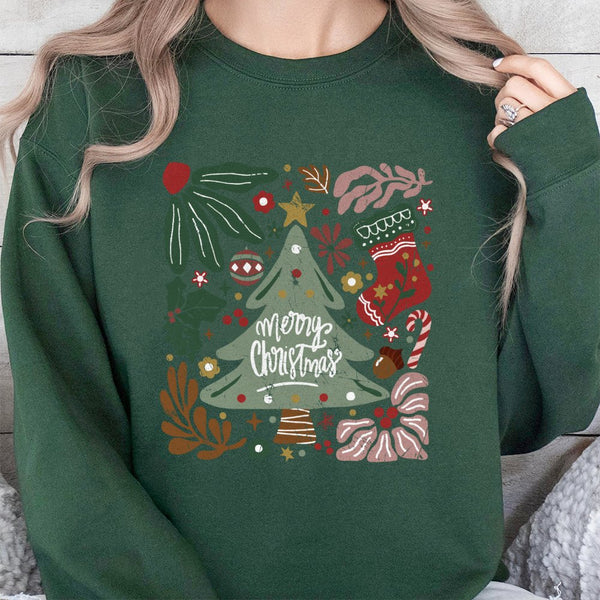 Retro Botanical Floral Tree Crewneck, Merry Christmas Floral Sweatshirt, Vintage Floral Holiday Pullover, Festive Winter Grap