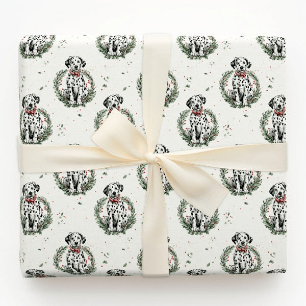 Dog Lover Gift Wrap, Dalmatian Christmas Wreath Wrapping Paper, Adorable Puppy Present Wrap, Festive Winter Pet Wrapping Pape