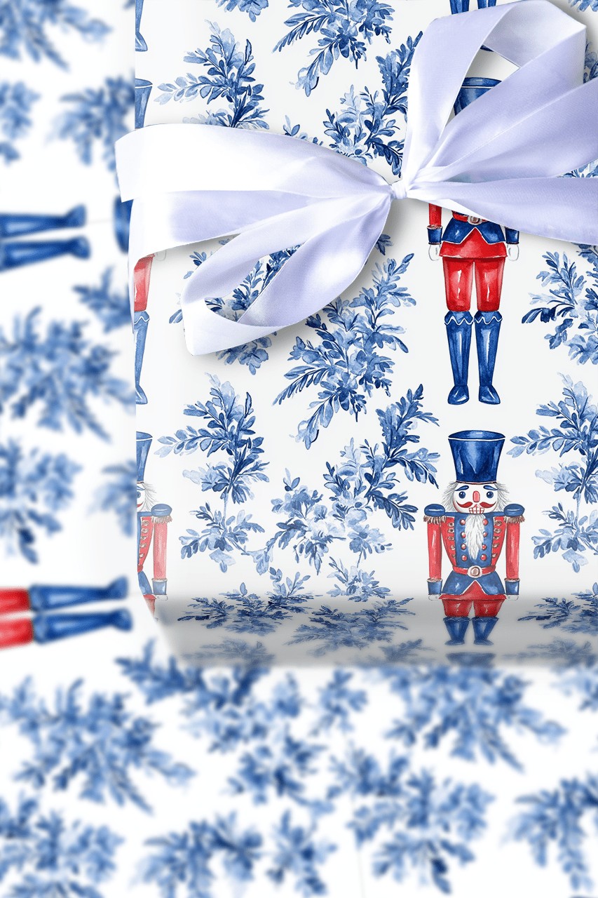 Blue Toile Floral Gift Wrap, Nutcracker Wrapping Paper, Watercolor Nutcracker Soldier Wrapping Paper, Christmas Holiday Prese