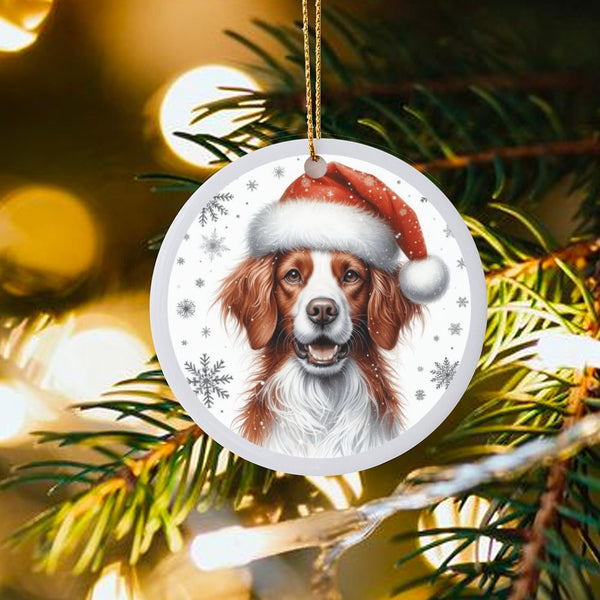 Dog in Santa Hat Ceramic Keepsake, Brittany Spaniel Christmas Ornament, Dog Portrait Tree Decor, Personalized Holiday Present
