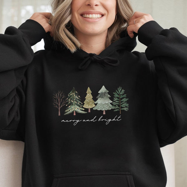 Watercolor Xmas Tree Hoodie, Merry and Bright Christmas Tree Hoodie, Minimalist Holiday Hoodie, Comfy Winter Graphic Hooded S