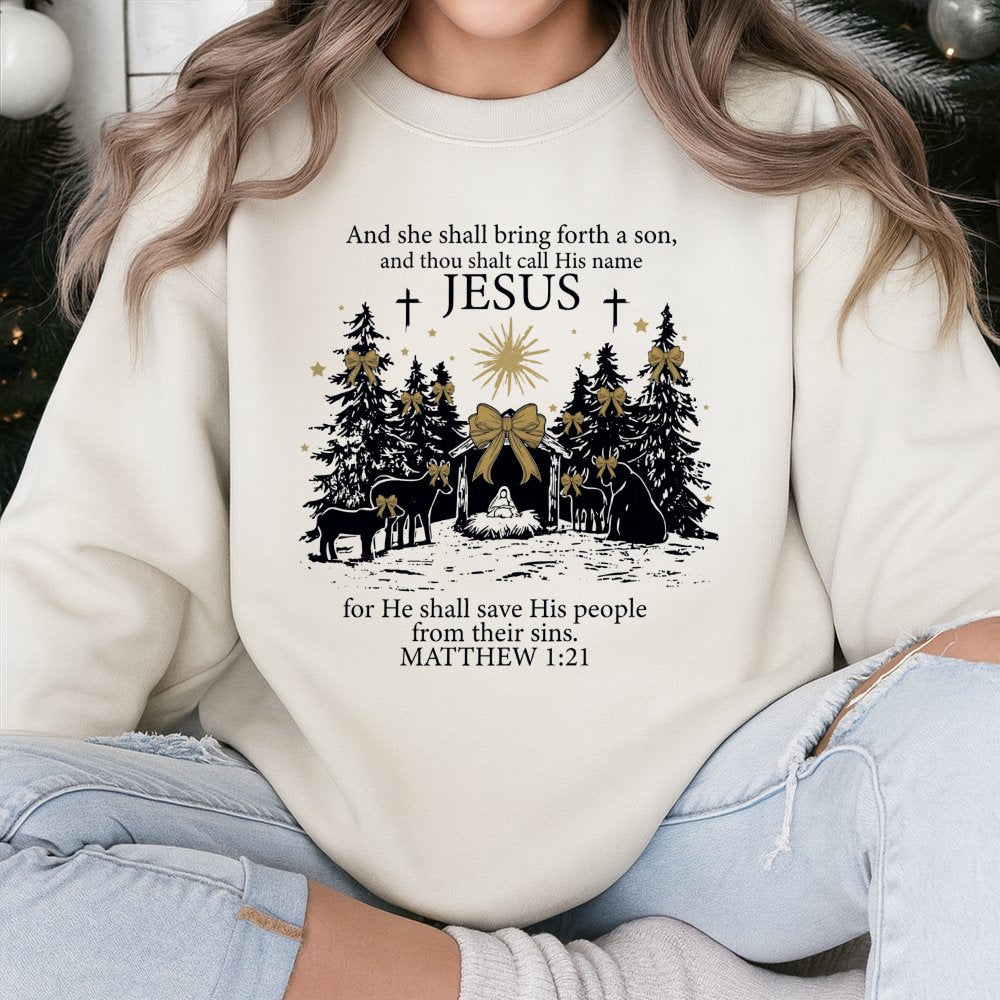 Matthew 1 21 Scripture Sweatshirt, Jesus Nativity Scene Sweatshirt, Christian Faith Sweatshirt, Religious Christmas Crewneck,