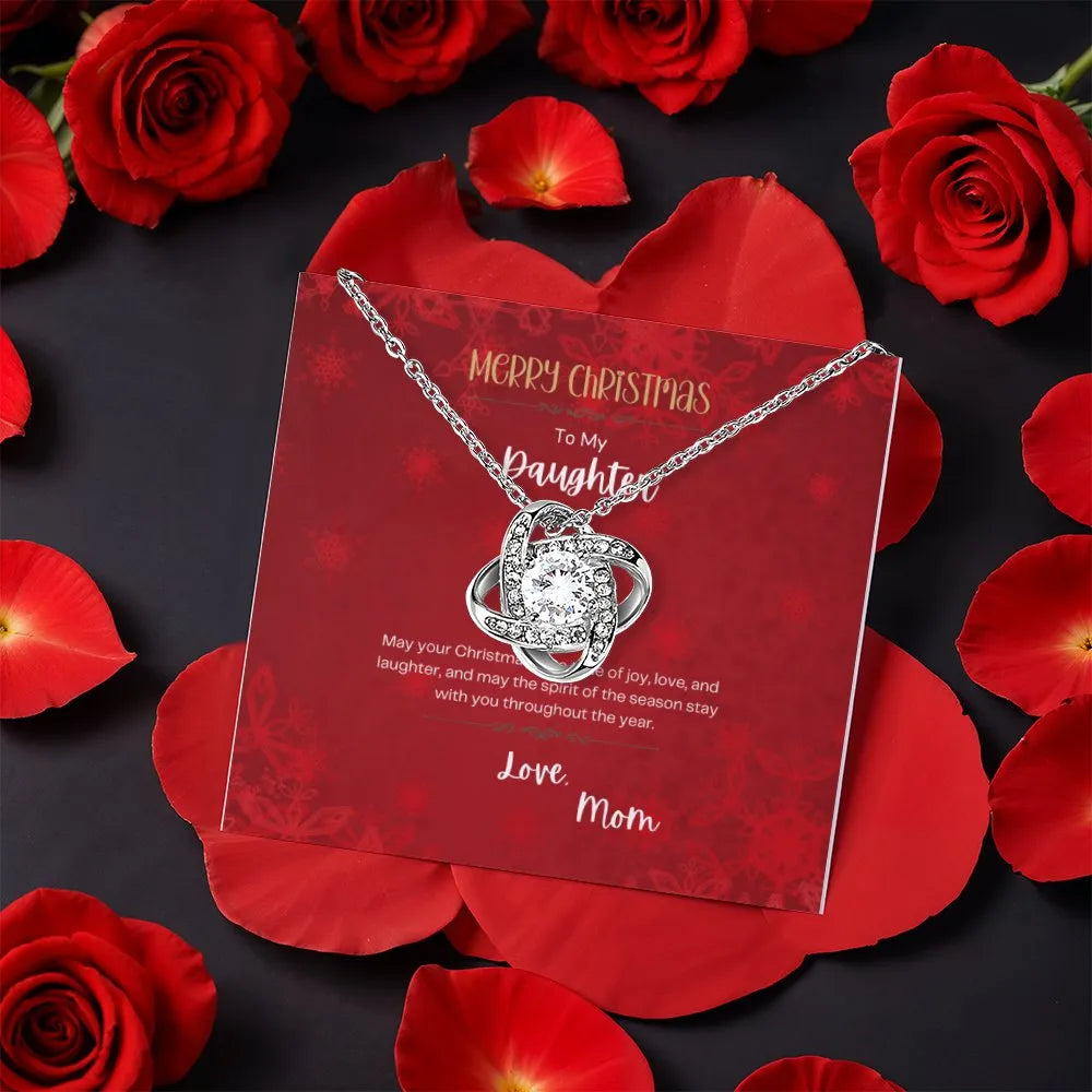 Christmas Message Card Necklace, Daughter Love Knot Necklace, CZ Crystal Pendant Necklace, Holiday Present from Mom, Daughter