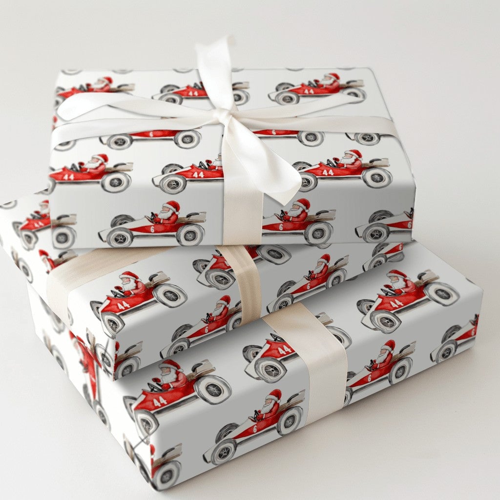 Number 6 and 44 Auto Racing Gift Wrap, Vintage Race Car Santa Wrapping Paper, Watercolor Motorsport Holiday Paper, Christmas 