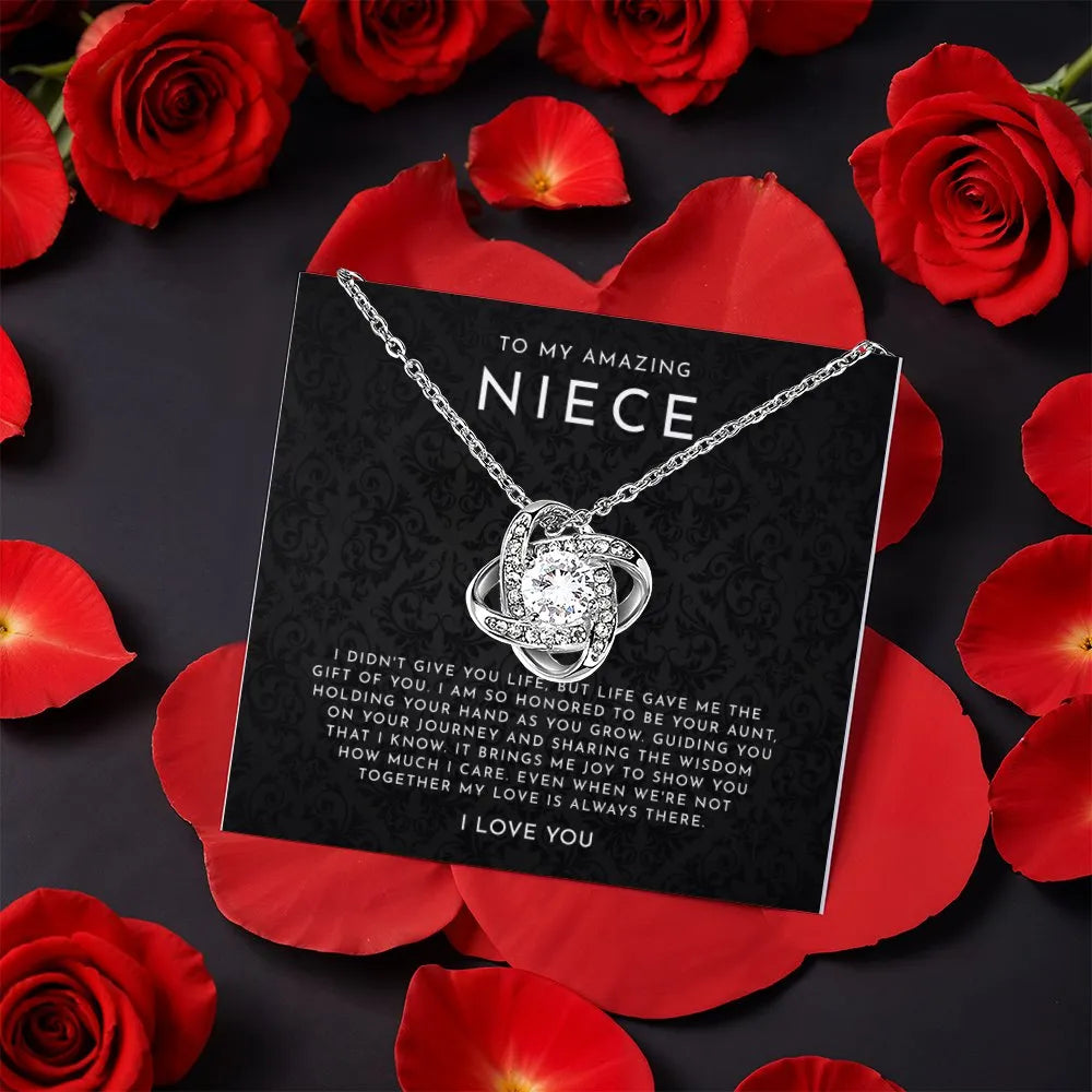 Cubic Zirconia Knot Pendant, Niece Love Knot Necklace, Gold Finish Love Knot Jewelry, Rotating Rose Box, Birthday Christmas P