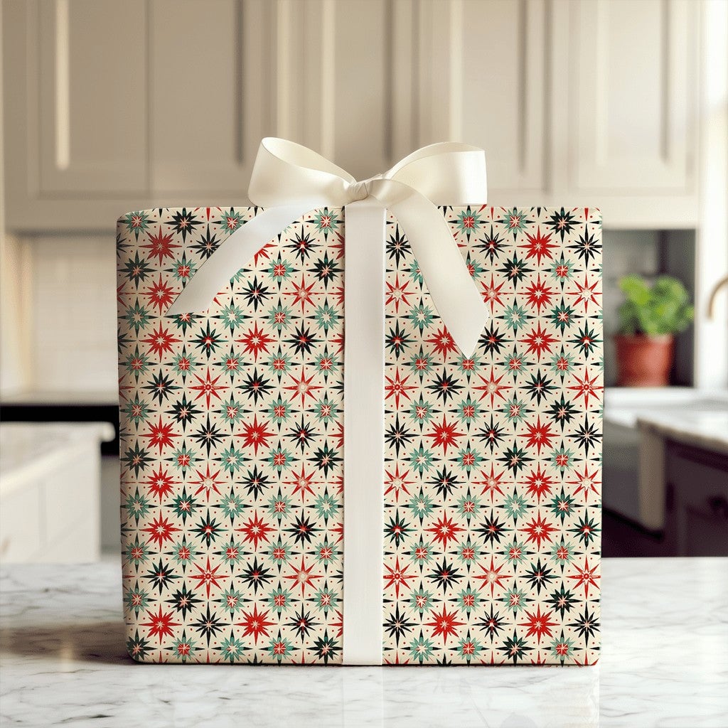 Retro Starburst Gift Wrap, Mid-Century Modern Wrapping Paper, Atomic Star Holiday Wrapping Paper, Vintage Christmas Gift Wrap