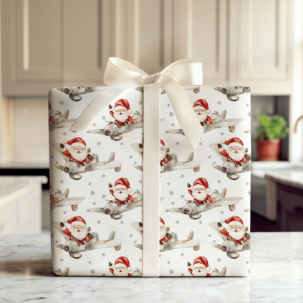 Vintage Flying Santa Gift Wrap, Airplane Santa Wrapping Paper, Watercolor Pilot Santa Christmas Paper, Retro Aviation Gift Wr