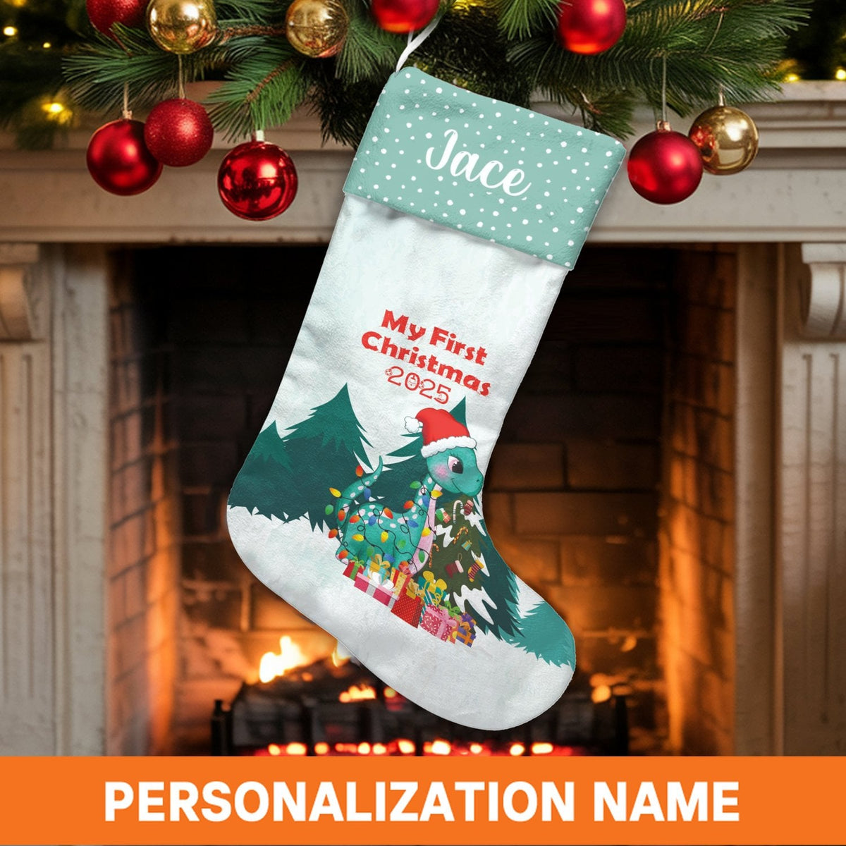 Baby First Christmas Stocking, Personalized Dinosaur Christmas Stocking, Custom Name Dino Holiday Stocking, Adorable Baby Sho