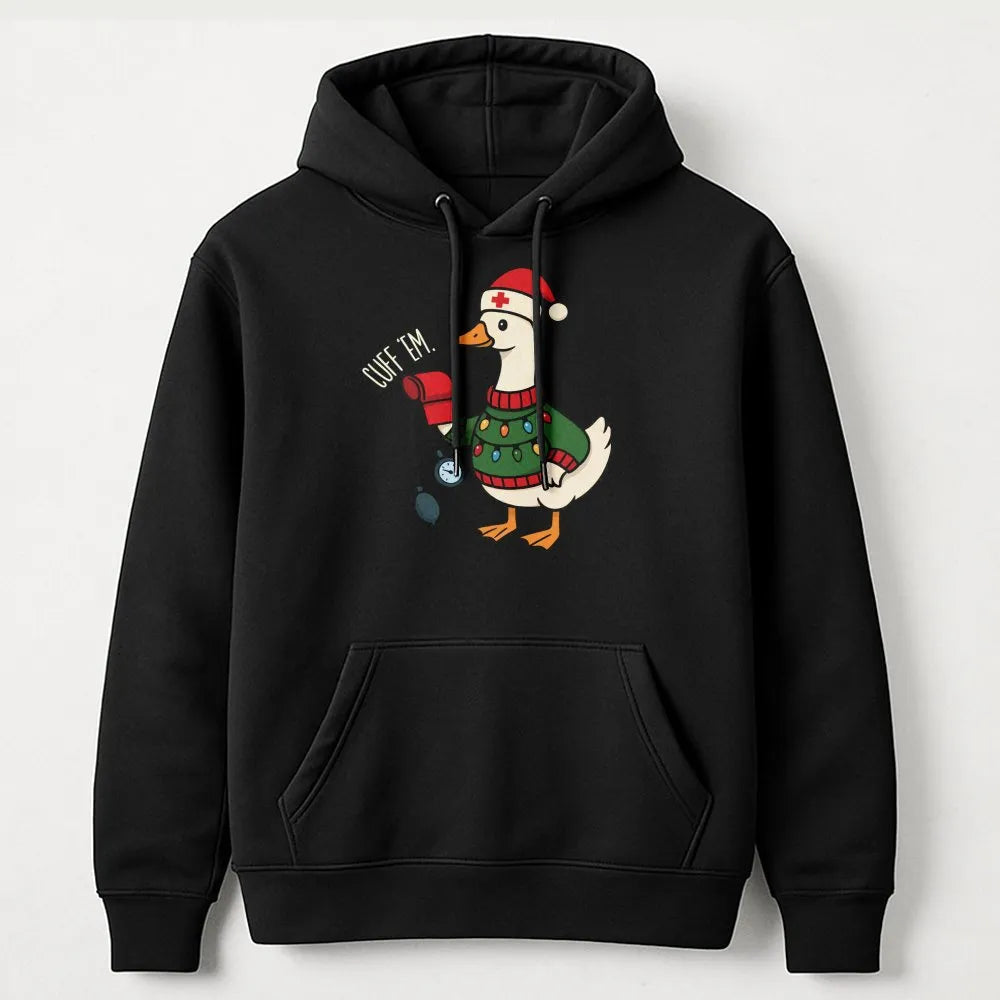 Humorous Goose Cuff Em Hoodie, Nurse Christmas Hoodie, Holiday Healthcare Worker Pullover, Adorable Nursing Student Xmas Pres