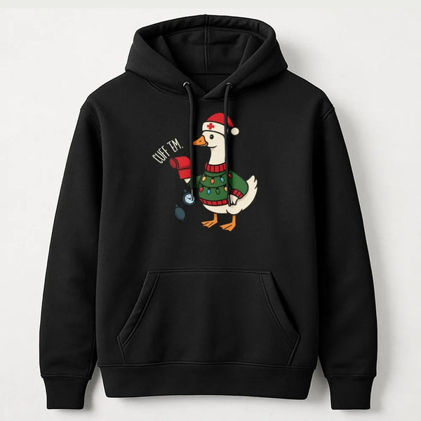 Humorous Goose Cuff Em Hoodie, Nurse Christmas Hoodie, Holiday Healthcare Worker Pullover, Adorable Nursing Student Xmas Pres
