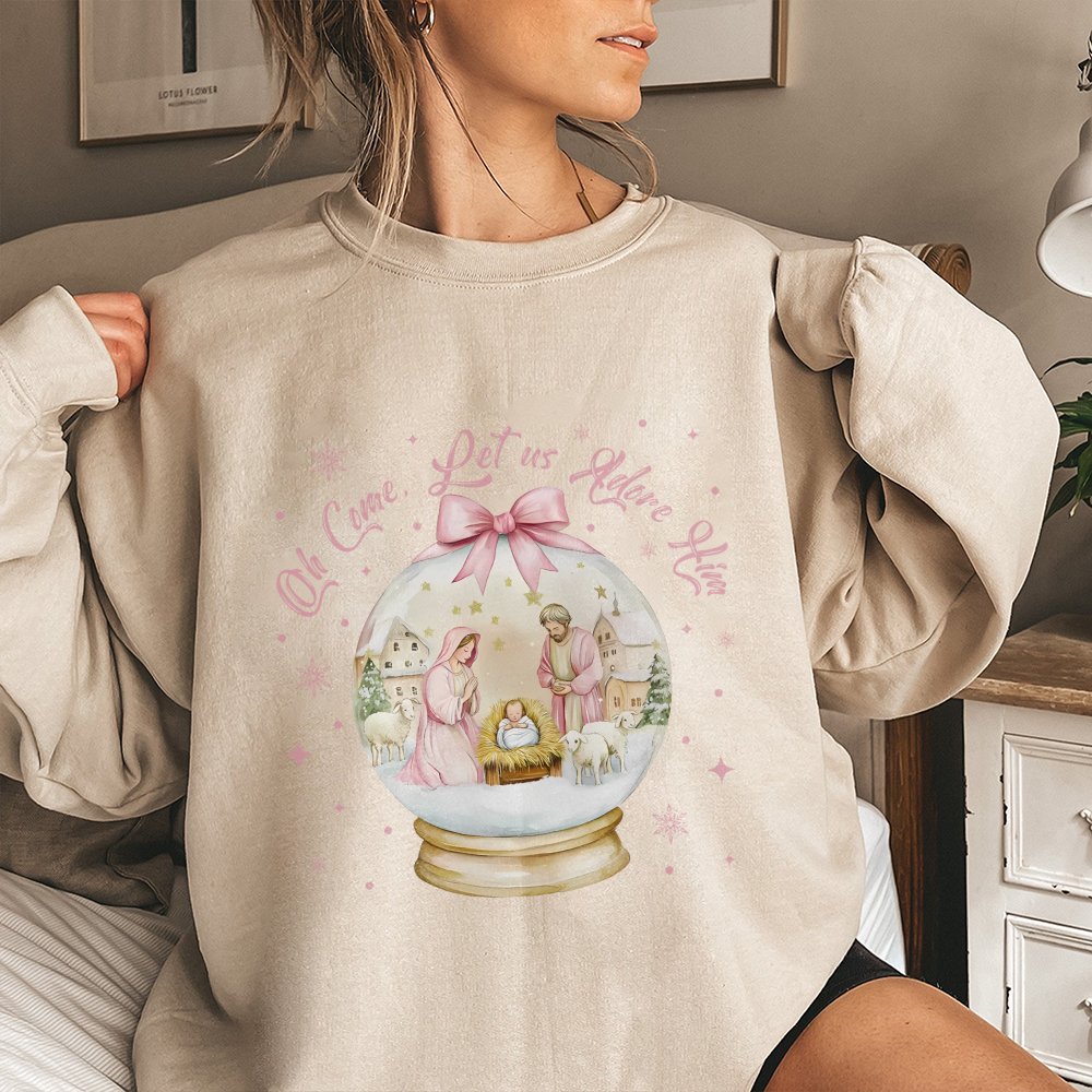 Christian Nativity Snow Globe Crewneck, Oh Come Let Us Adore Him Sweatshirt, Faith Christmas Sweater, Religious Holiday Pullo