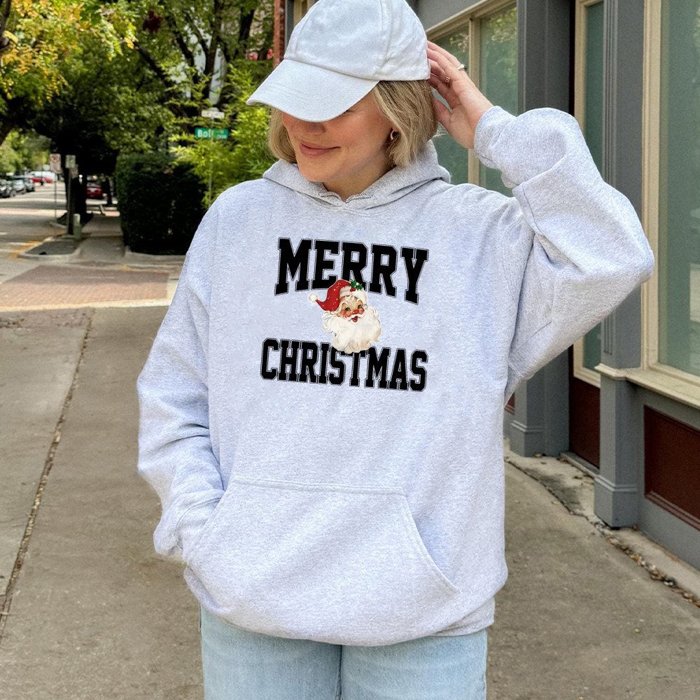 Retro Merry Christmas Sweatshirt, Vintage Santa Claus Hoodie, Adorable Santa Graphic Pullover Hoodie, Comfy Xmas Holiday Hood
